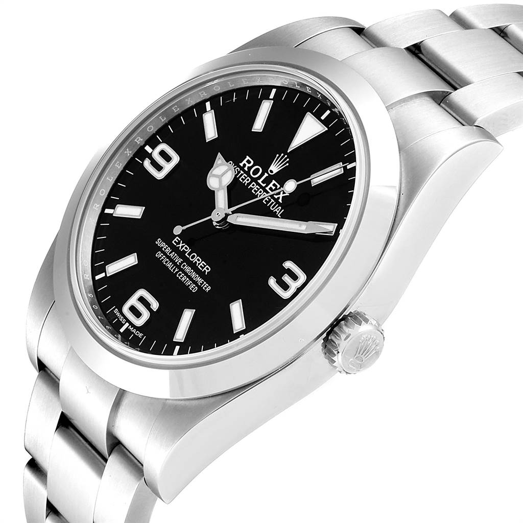 This image shows a Rolex Explorer 214270 Men's Stainless Steel Black Dial 214270 Men's Stainless Steel Black Dial watch at an angle displaying the dial, case, bezel, and part of the bracelet.