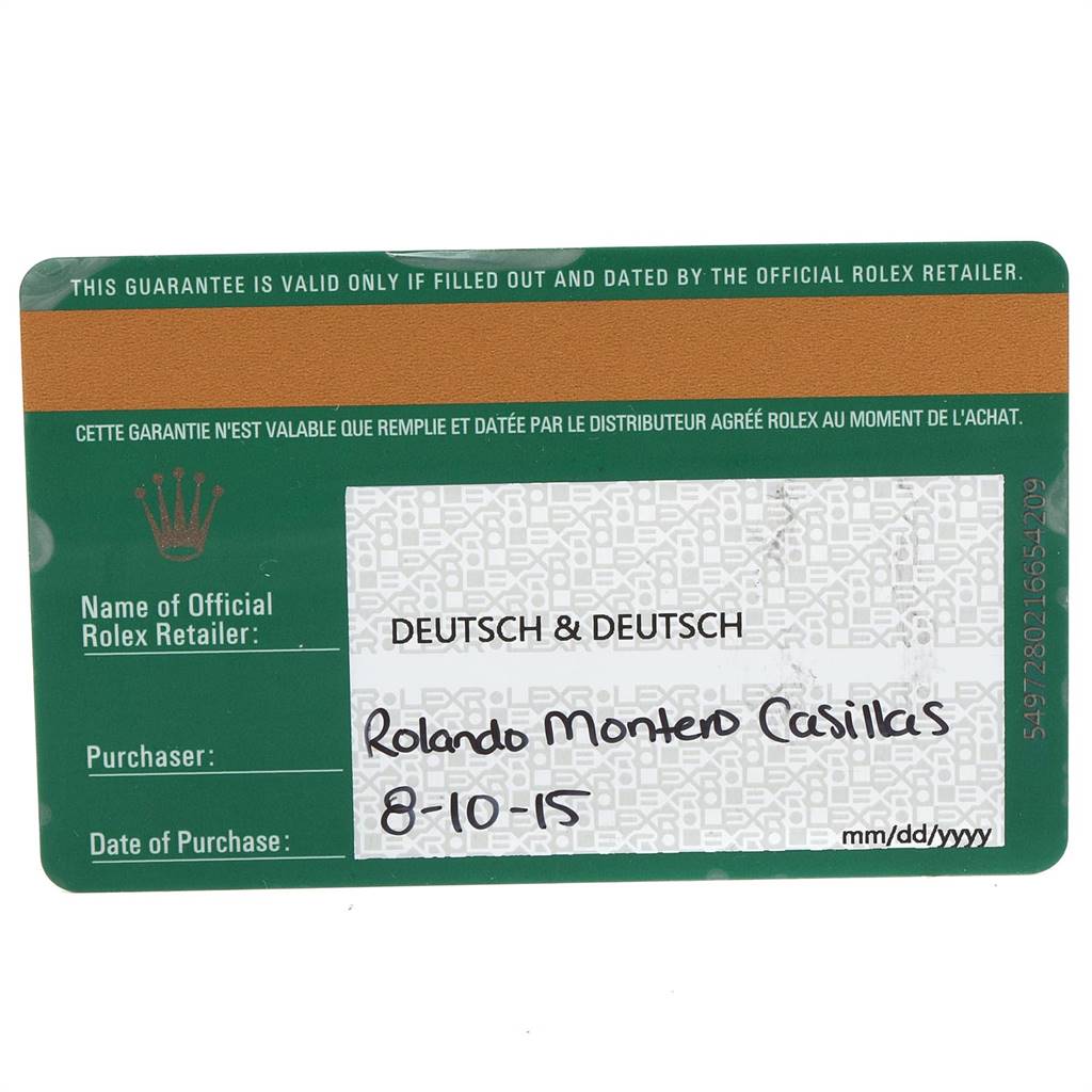 This image shows a guarantee card for a Rolex Explorer 216570 Men's Stainless Steel White Dial 216570 Men's Stainless Steel White Dial model, detailing the retailer's name, purchaser, and date of purchase.