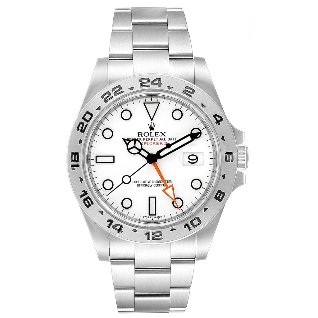 The Rolex Explorer 216570 Men's Stainless Steel White Dial 216570 Men's Stainless Steel White Dial watch is shown from the front, displaying the dial, hour markers, hands, date window, and bracelet.
