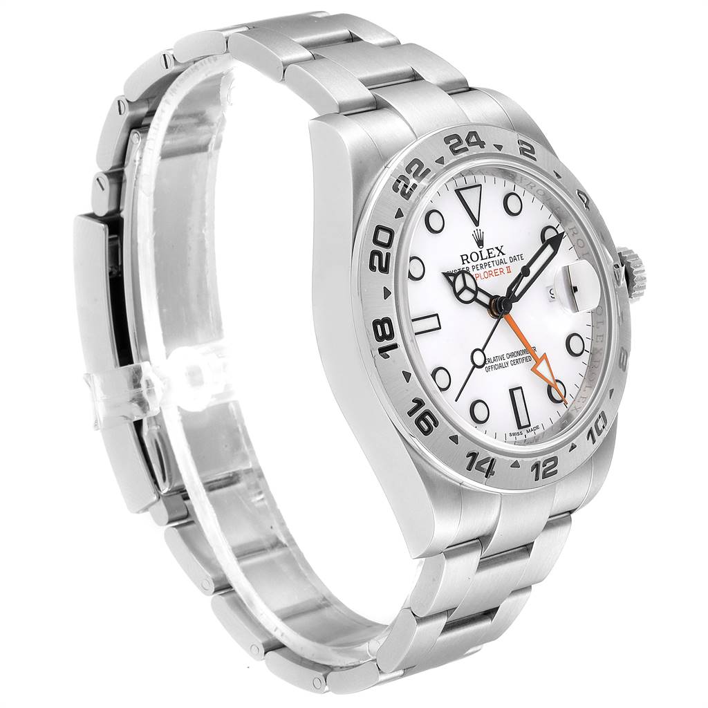 The Rolex Explorer 216570 Men's Stainless Steel White Dial 216570 Men's Stainless Steel White Dial model is displayed at a slight angle, showing the watch face, bezel, bracelet, and crown.
