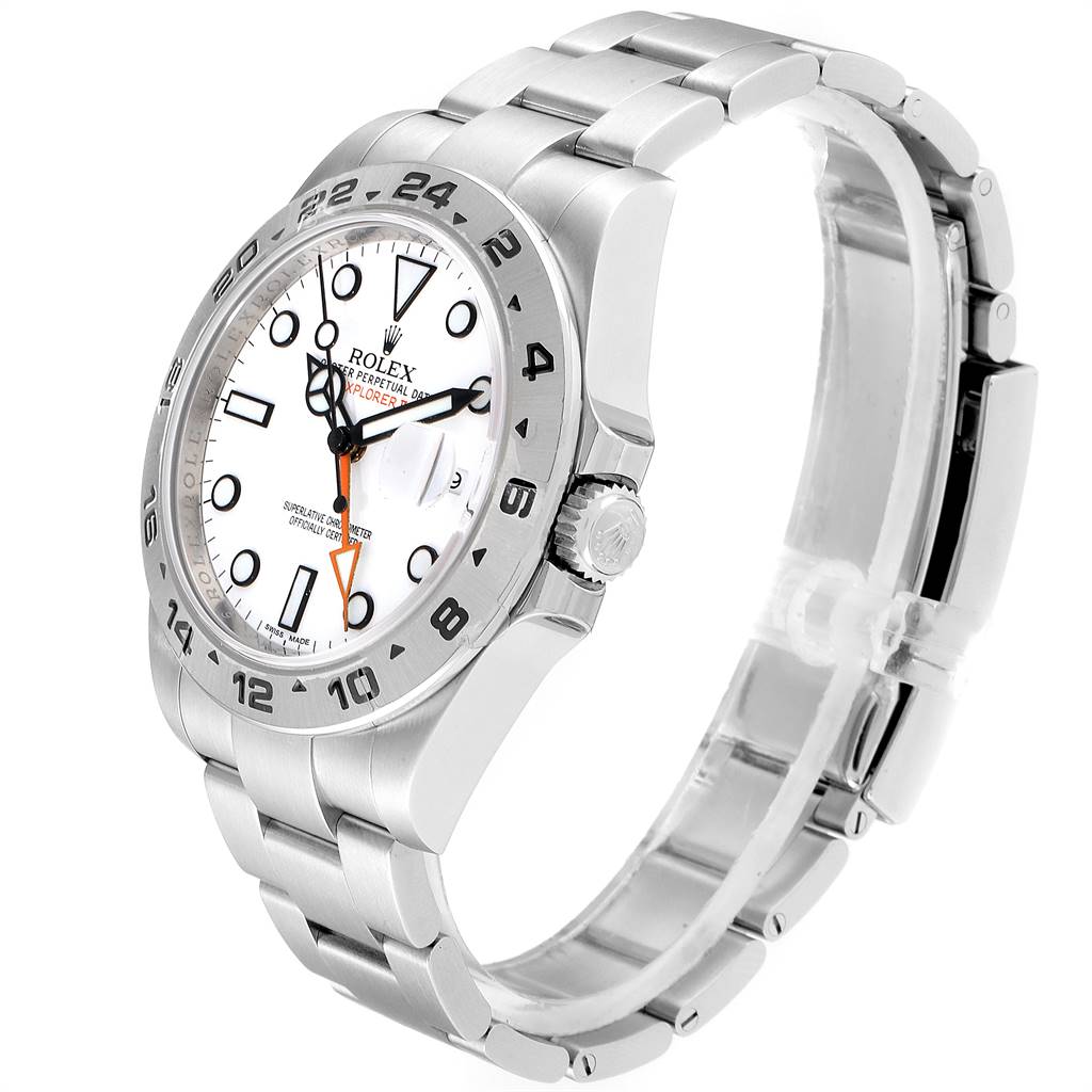 This image shows a Rolex Explorer 216570 Men's Stainless Steel White Dial 216570 Men's Stainless Steel White Dial watch angled from the upper right, highlighting its face, bezel, crown, and bracelet.