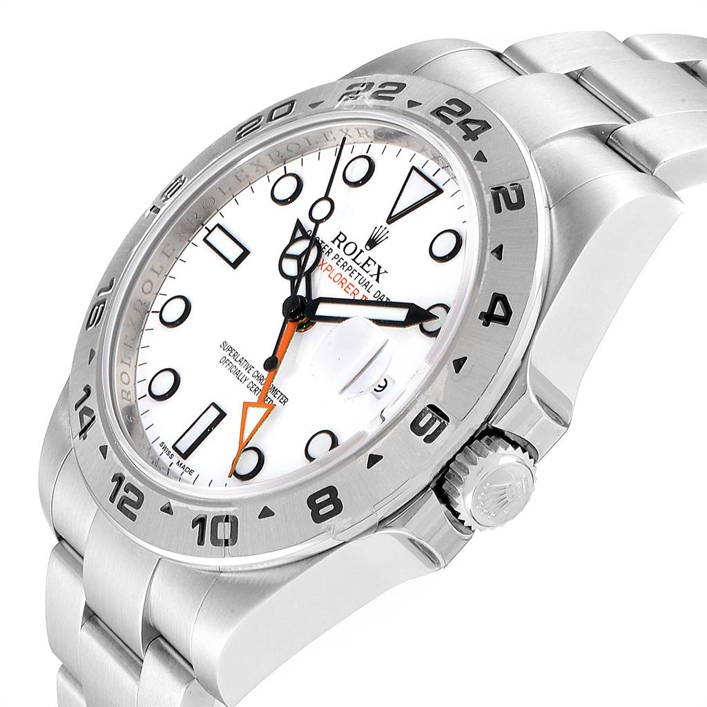 The image shows a side angle of the Rolex Explorer 216570 Men's Stainless Steel White Dial 216570 Men's Stainless Steel White Dial watch, displaying the face, bezel, crown, and part of the bracelet.