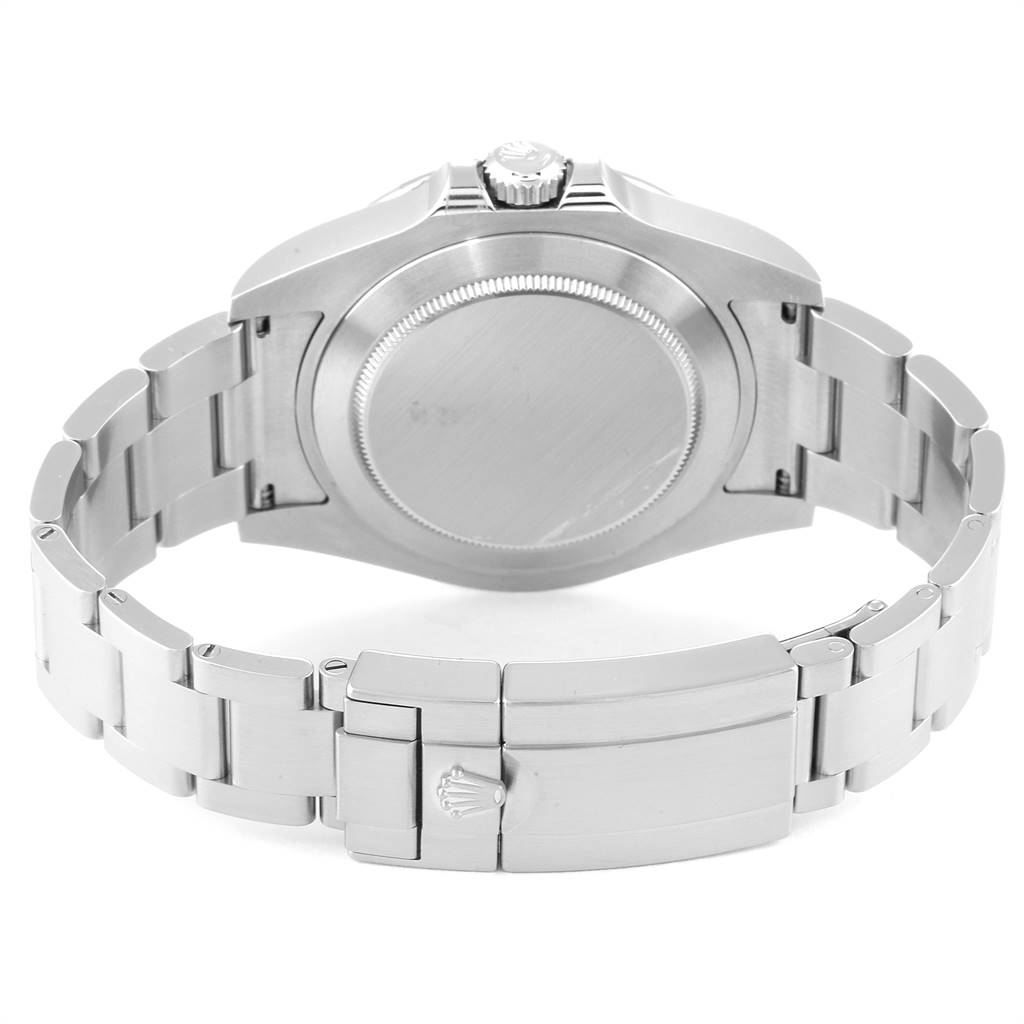 This image shows the back view of a Rolex Explorer 216570 Men's Stainless Steel White Dial 216570 Men's Stainless Steel White Dial watch, highlighting its clasp, bracelet, and case back.