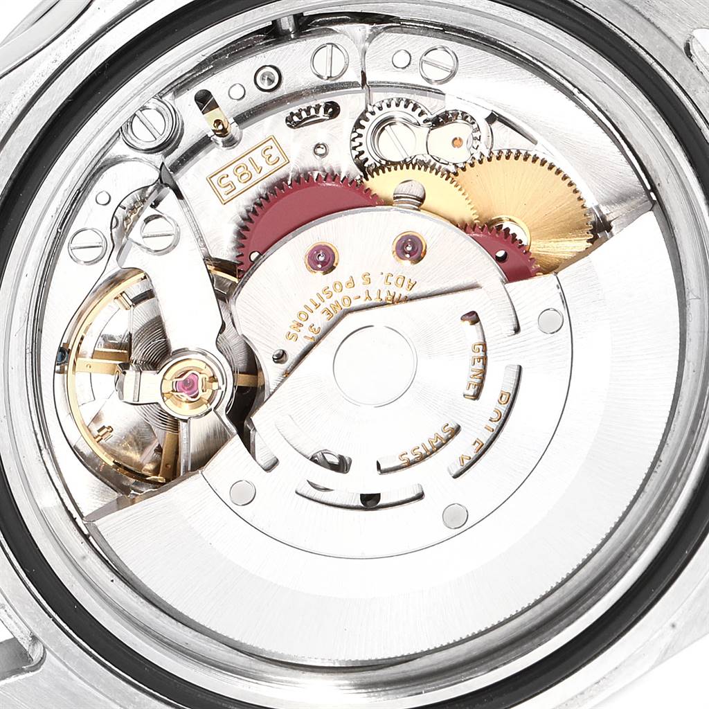 This is a close-up view of the internal mechanism of a Rolex Explorer 16570 Men's Stainless Steel Black Dial 16570 Men's Stainless Steel Black Dial watch.