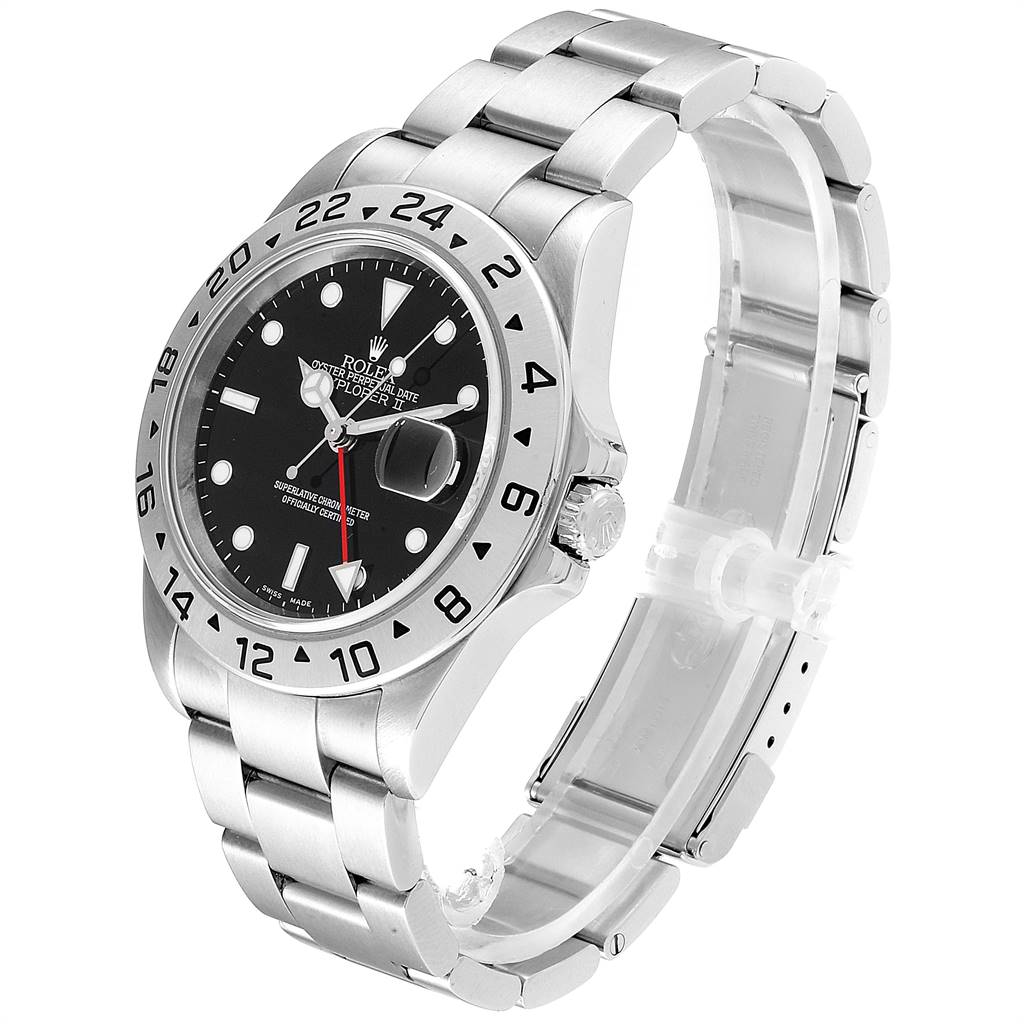 The Rolex Explorer 16570 Men's Stainless Steel Black Dial 16570 Men's Stainless Steel Black Dial watch is shown at a three-quarter angle, displaying its dial, bezel, bracelet, and crown.