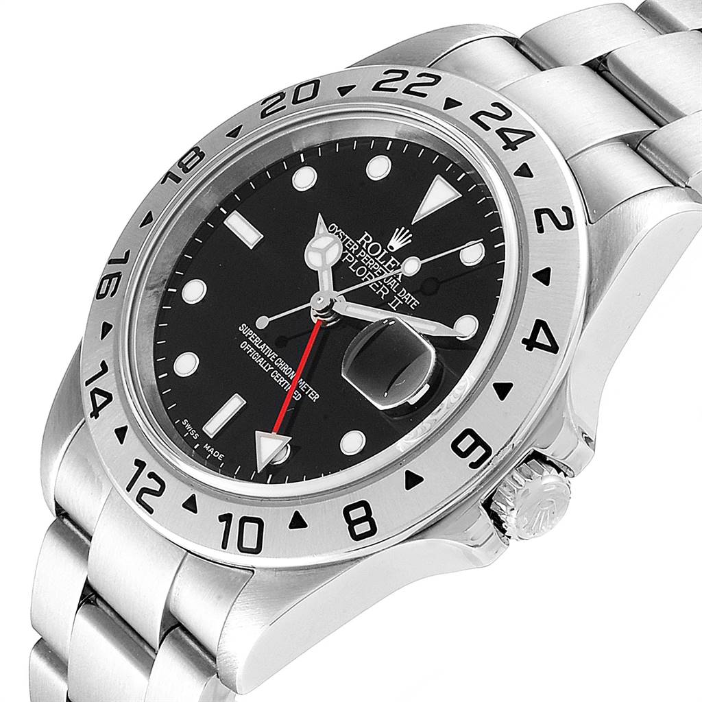 The Rolex Explorer 16570 Men's Stainless Steel Black Dial 16570 Men's Stainless Steel Black Dial watch is shown at an angle highlighting the face, bezel, crown, and part of the bracelet.