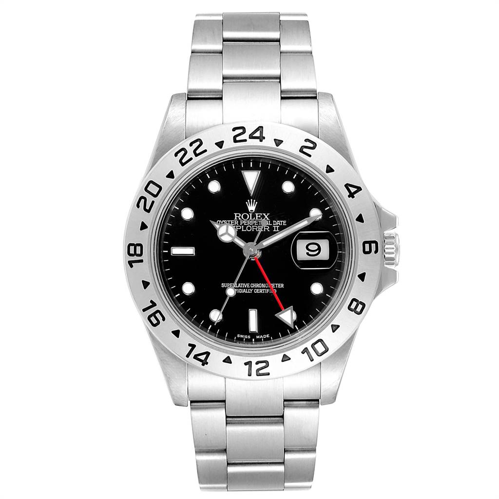 This image shows a frontal view of a Rolex Explorer 16570 Men's Stainless Steel Black Dial 16570 Men's Stainless Steel Black Dial watch, highlighting the dial, bezel, hands, and bracelet.
