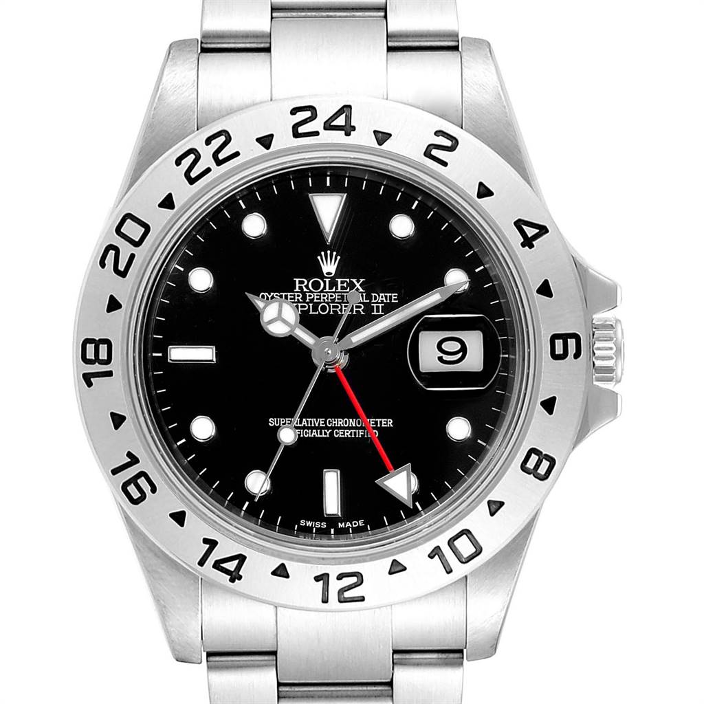 The image shows a frontal view of a Rolex Explorer 16570 Men's Stainless Steel Black Dial 16570 Men's Stainless Steel Black Dial watch, highlighting the dial, bezel, date window, and part of the bracelet.