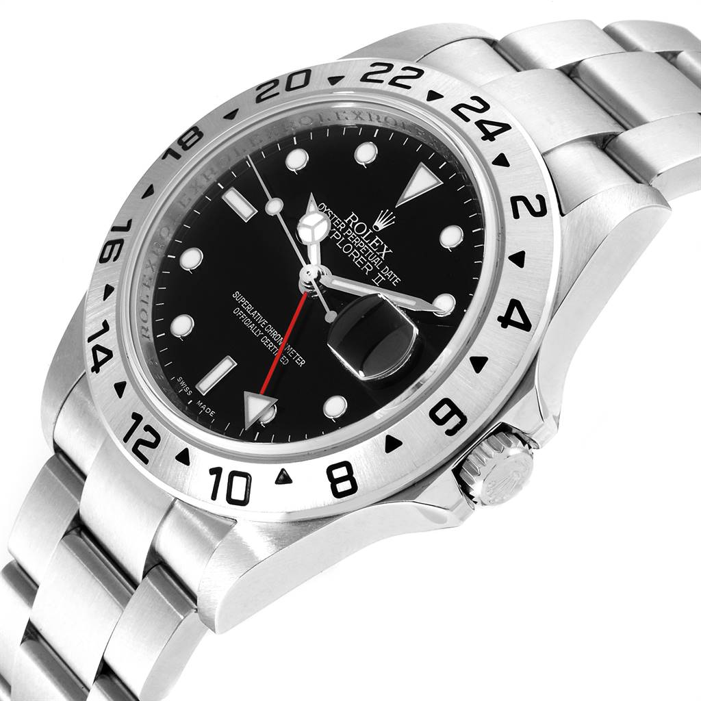 The Rolex Explorer 16570 Men's Stainless Steel Black Dial 16570 Men's Stainless Steel Black Dial watch is shown at an angle highlighting the dial, bezel, crown, and part of the bracelet.