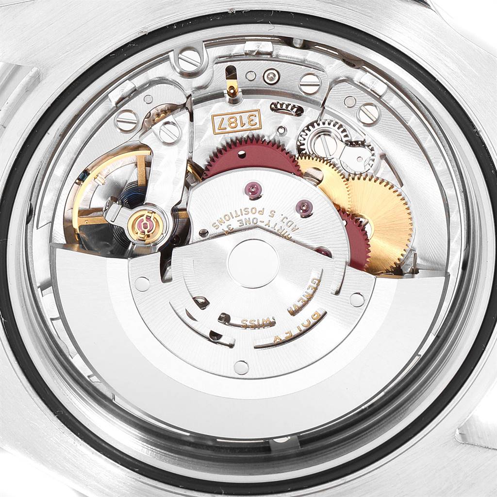 This image shows a close-up of the movement mechanism inside a Rolex Explorer 216570 Men's Stainless Steel Black Dial 216570 Men's Stainless Steel Black Dial watch.