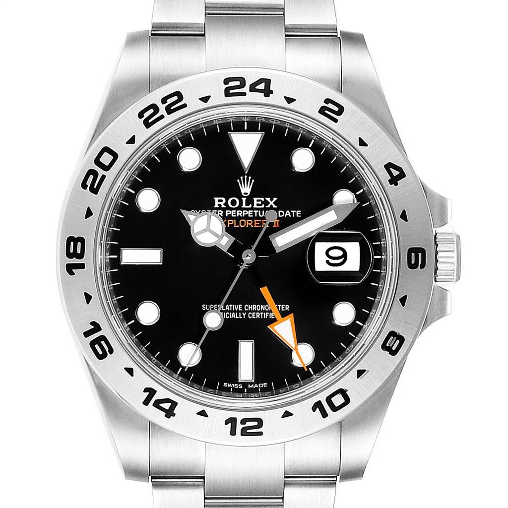The image shows a frontal view of a Rolex Explorer 216570 Men's Stainless Steel Black Dial 216570 Men's Stainless Steel Black Dial watch, highlighting its black dial, bezel, hands, bracelet, and date display.
