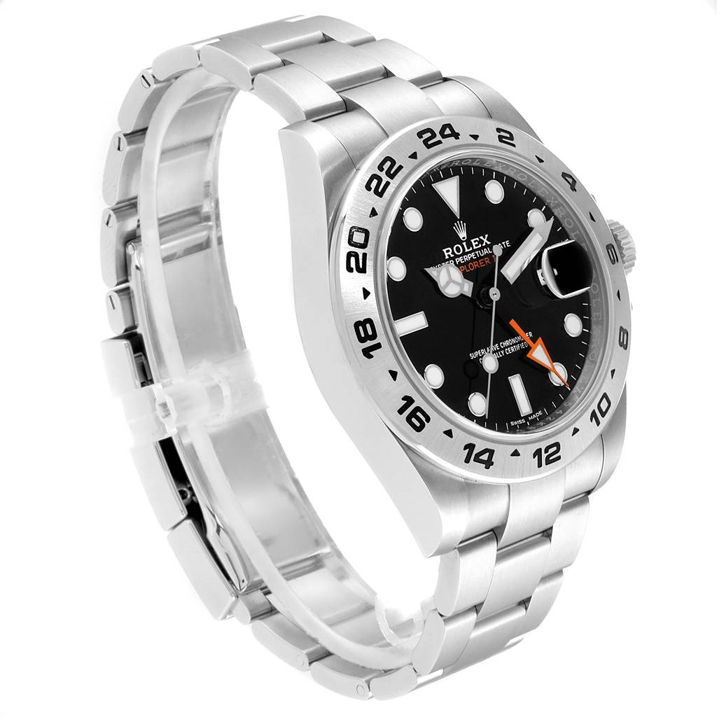 This image shows a side angle of a Rolex Explorer 216570 Men's Stainless Steel Black Dial 216570 Men's Stainless Steel Black Dial watch, highlighting its bracelet, bezel, and dial.