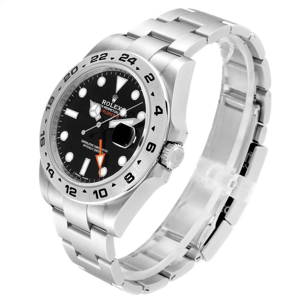 The Rolex Explorer 216570 Men's Stainless Steel Black Dial 216570 Men's Stainless Steel Black Dial watch is shown at a three-quarter angle, displaying the face, bezel, crown, and bracelet.