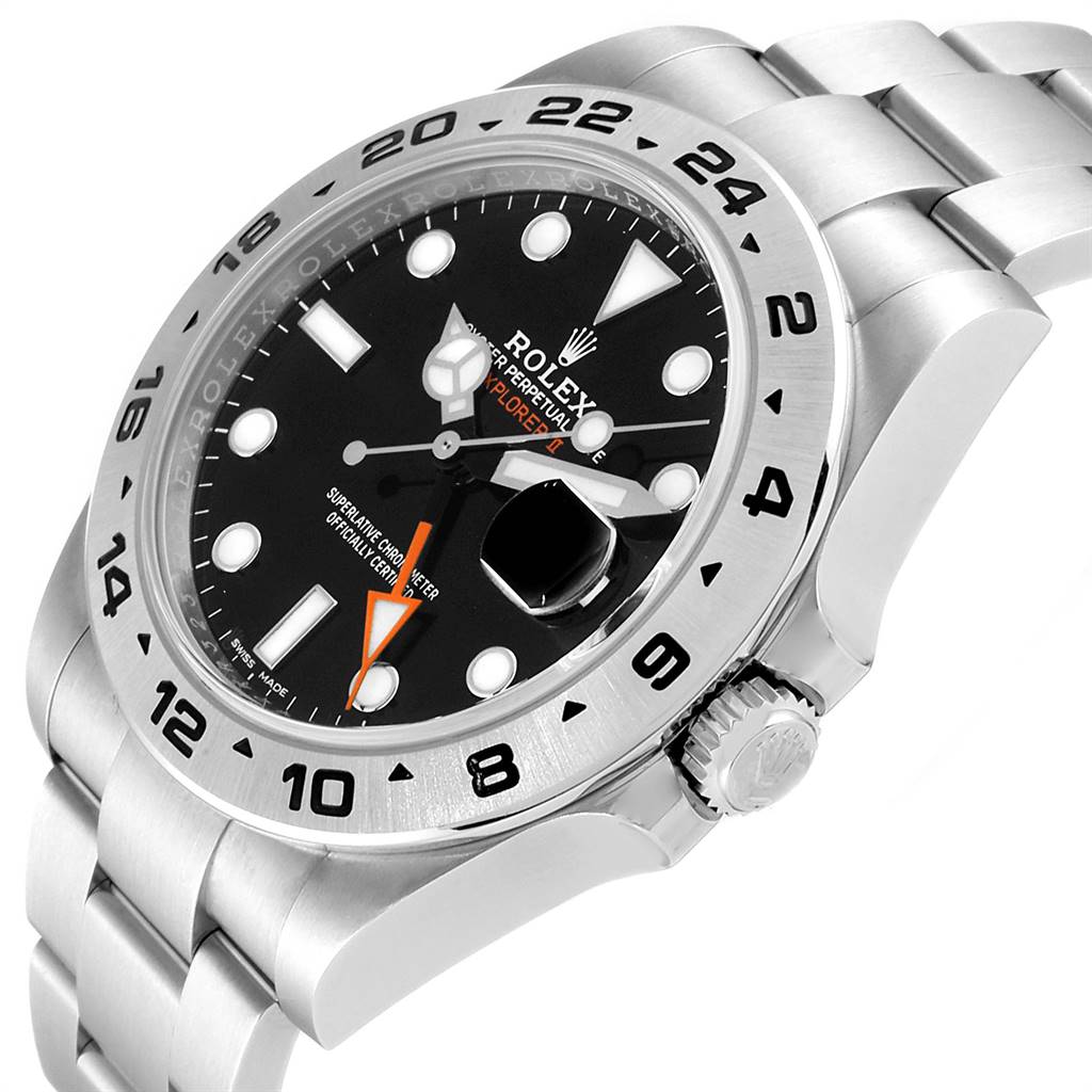 This image shows the Rolex Explorer 216570 Men's Stainless Steel Black Dial 216570 Men's Stainless Steel Black Dial watch at an angle, highlighting its bezel, dial, and crown.