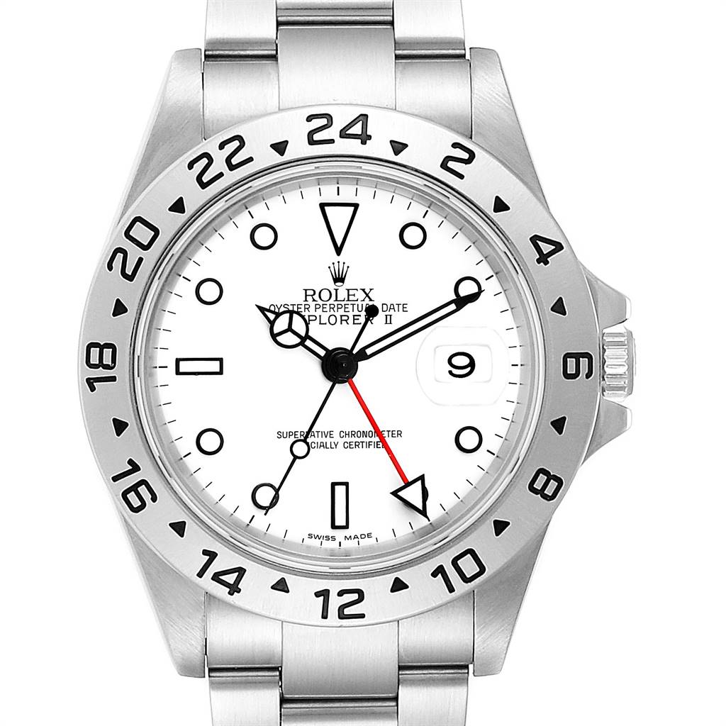 The image shows a frontal view of a Rolex Explorer 16570 Men's Stainless Steel White Dial 16570 Men's Stainless Steel White Dial watch, focusing on its dial, bezel, and bracelet.