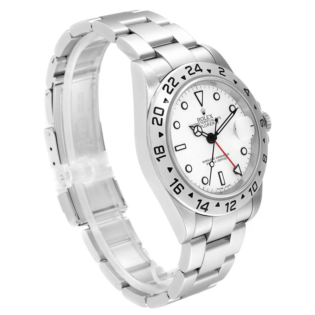 The image shows a side and front view of the Rolex Explorer 16570 Men's Stainless Steel White Dial 16570 Men's Stainless Steel White Dial watch, highlighting the bezel, dial, and bracelet.