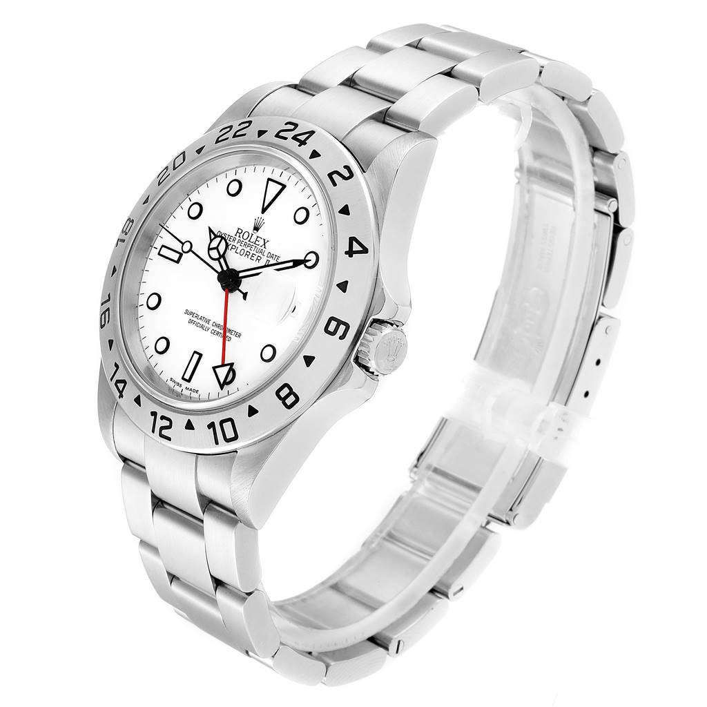 A Rolex Explorer 16570 Men's Stainless Steel White Dial 16570 Men's Stainless Steel White Dial model watch is shown at an angle highlighting the face, bezel, crown, and bracelet.