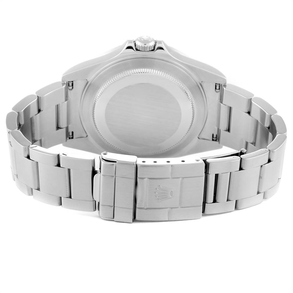 This image shows the back case and bracelet clasp of a Rolex Explorer 16570 Men's Stainless Steel White Dial 16570 Men's Stainless Steel White Dial watch from a rear angle.