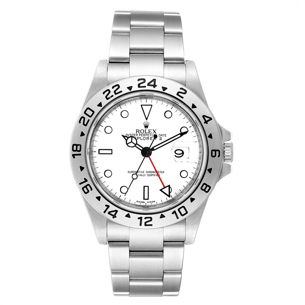 The Rolex Explorer 16570 Men's Stainless Steel White Dial 16570 Men's Stainless Steel White Dial model watch is shown from a front angle, highlighting the dial, bezel, and bracelet.