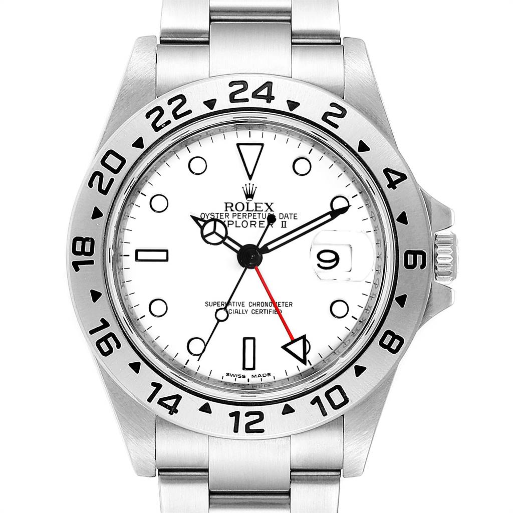 This image shows a front view of the Rolex Explorer 16570 Men's Stainless Steel White Dial 16570 Men's Stainless Steel White Dial watch displaying the dial, bezel, and part of the bracelet.