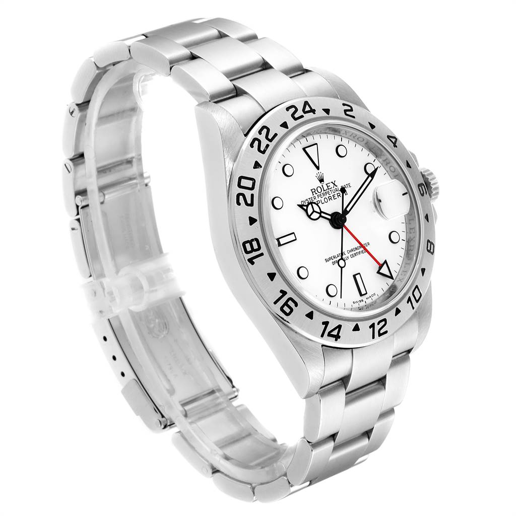 The image shows a side angle view of a Rolex Explorer 16570 Men's Stainless Steel White Dial 16570 Men's Stainless Steel White Dial watch, highlighting the watch face, bezel, and metal bracelet.