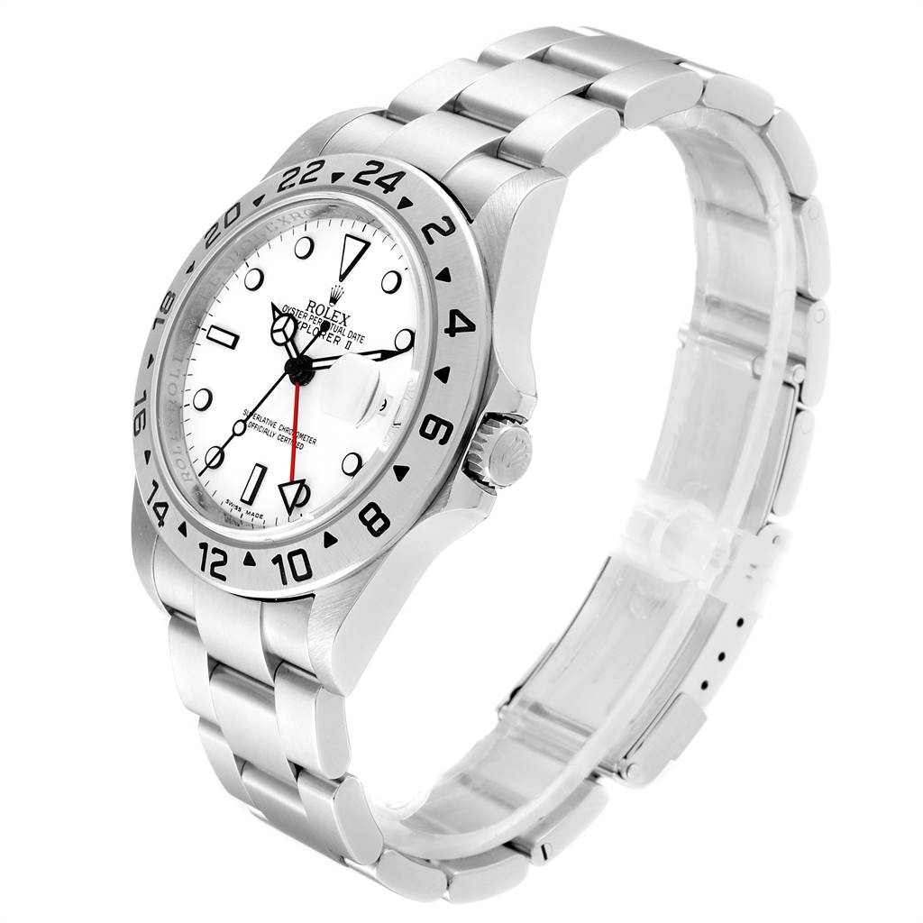 The Rolex Explorer 16570 Men's Stainless Steel White Dial 16570 Men's Stainless Steel White Dial watch is shown at a three-quarter angle, displaying the face, bezel, crown, and stainless steel bracelet.