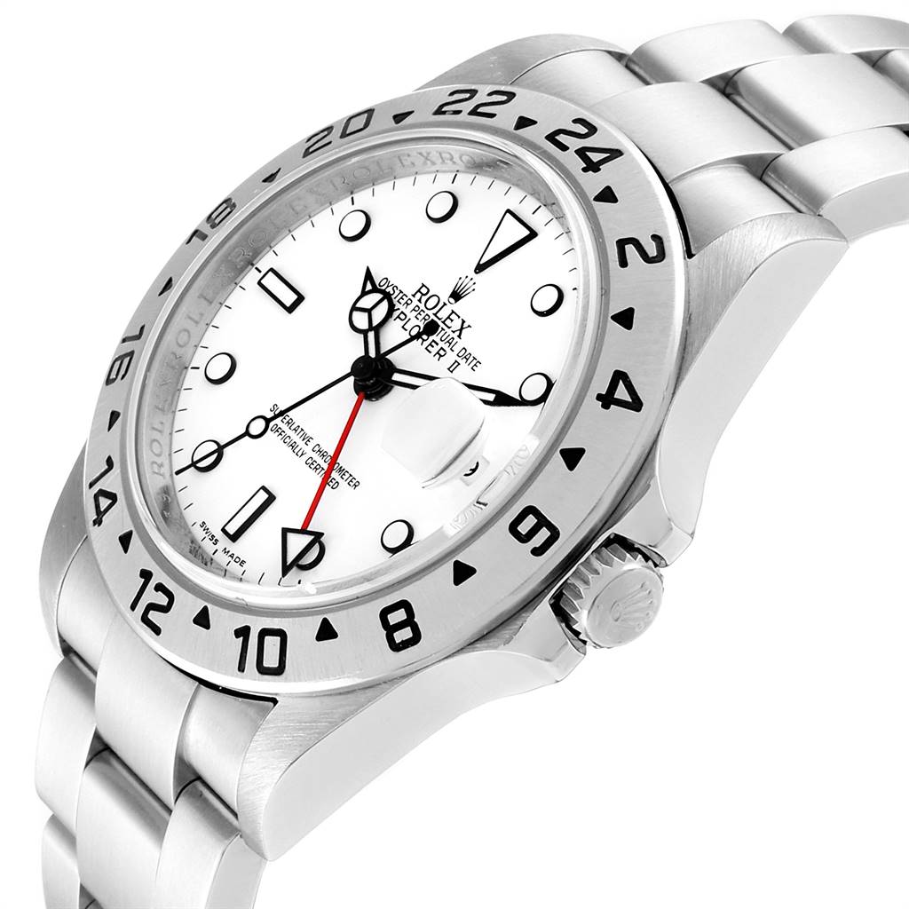 The image shows a side view of the Rolex Explorer 16570 Men's Stainless Steel White Dial 16570 Men's Stainless Steel White Dial watch, highlighting the bezel, crown, and part of the bracelet.