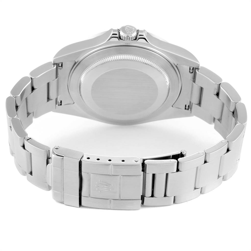 This image shows the back view of a Rolex Explorer 16570 Men's Stainless Steel White Dial 16570 Men's Stainless Steel White Dial, highlighting its case back and bracelet clasp.