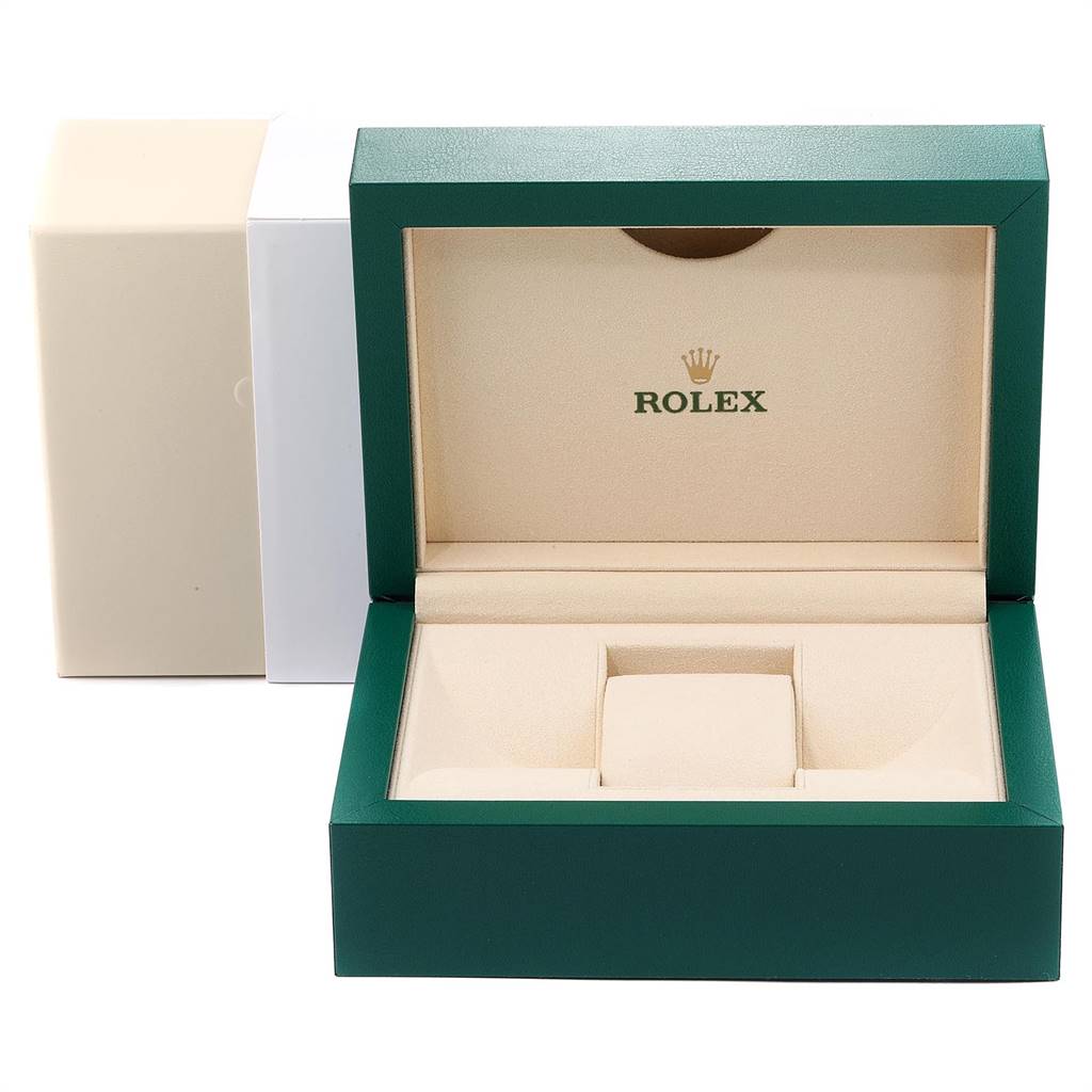 The image shows an open Rolex Explorer 214270 Men's Stainless Steel Black Dial 214270 Men's Stainless Steel Black Dial watch box from the front angle, displaying the interior compartments.