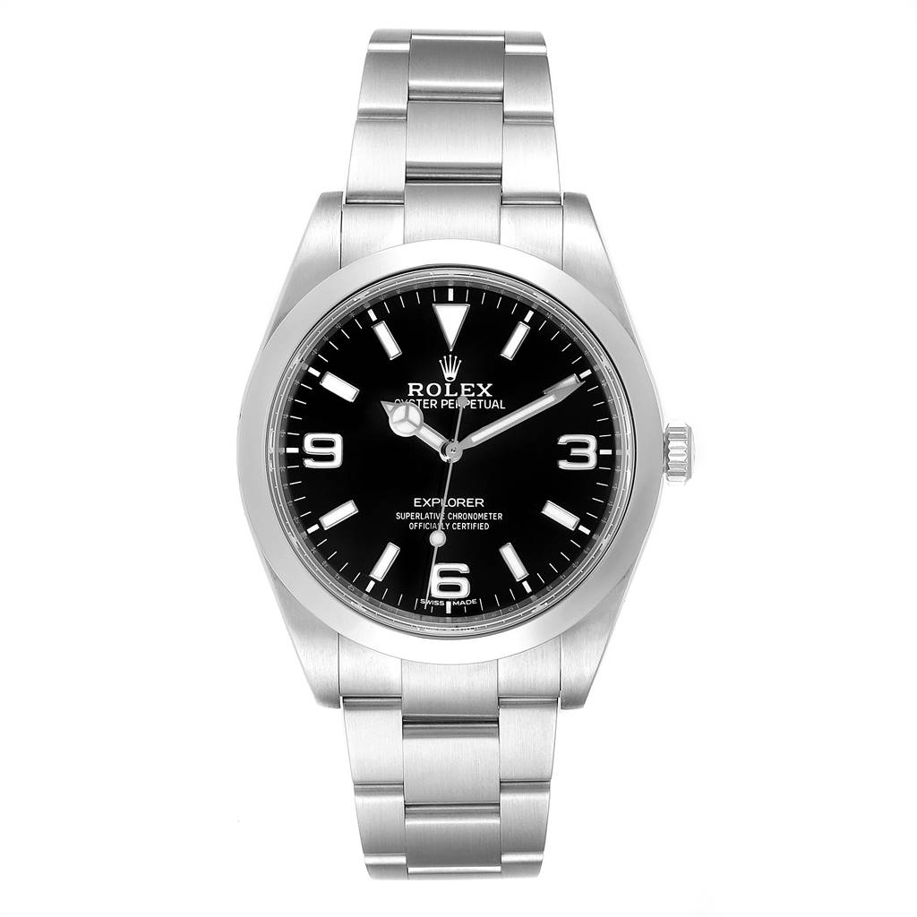 The image shows a front view of a Rolex Explorer 214270 Men's Stainless Steel Black Dial 214270 Men's Stainless Steel Black Dial model watch, displaying its face, bezel, and bracelet.