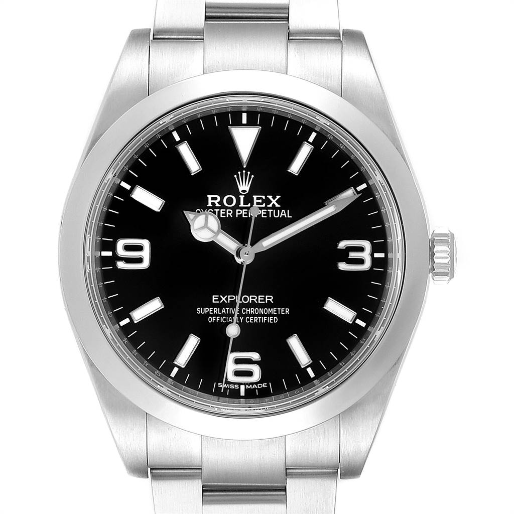 The image shows a front view of the Rolex Explorer 214270 Men's Stainless Steel Black Dial 214270 Men's Stainless Steel Black Dial watch, displaying its dial, bezel, crown, and part of the bracelet.
