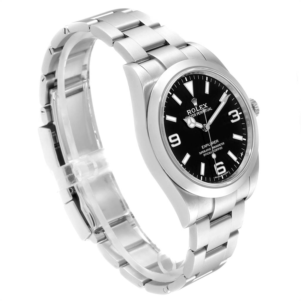 The image shows a Rolex Explorer 214270 Men's Stainless Steel Black Dial 214270 Men's Stainless Steel Black Dial watch at a three-quarter angle, highlighting the dial, case, and bracelet.