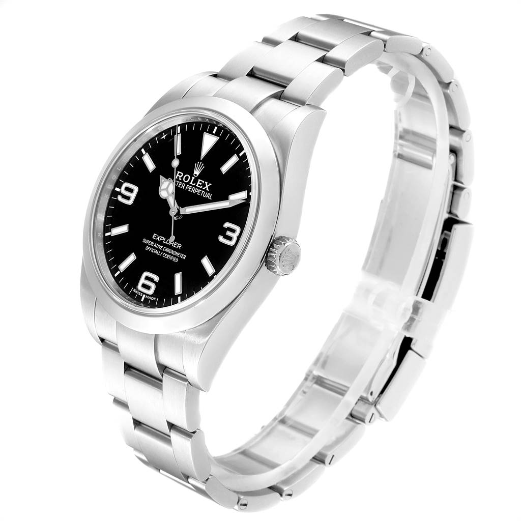 The image shows a side angle of a Rolex Explorer 214270 Men's Stainless Steel Black Dial 214270 Men's Stainless Steel Black Dial watch, highlighting its black dial, stainless steel case, and bracelet.