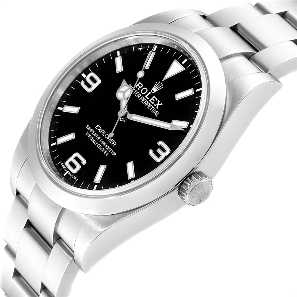 The image shows a Rolex Explorer 214270 Men's Stainless Steel Black Dial 214270 Men's Stainless Steel Black Dial watch angled to display the face, crown, and part of the bracelet.