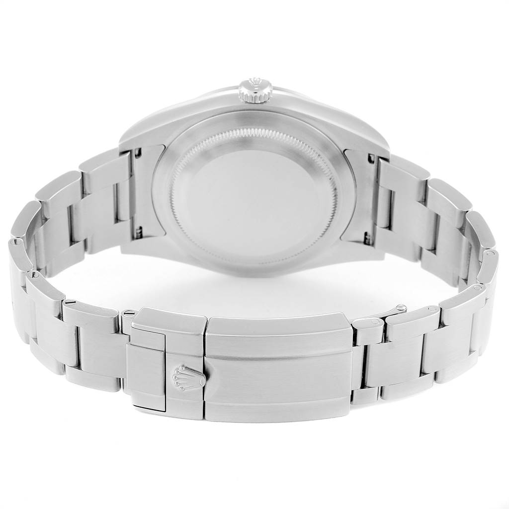 This image shows the backside and clasp of a Rolex Explorer 214270 Men's Stainless Steel Black Dial 214270 Men's Stainless Steel Black Dial watch, displaying its stainless steel bracelet.