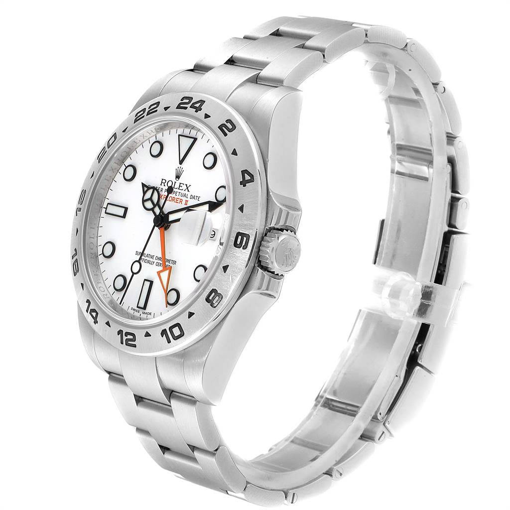 This image shows a side-angle view of a Rolex Explorer 216570 Men's Stainless Steel White Dial 216570 Men's Stainless Steel White Dial model, highlighting the face, bezel, crown, and part of the bracelet.