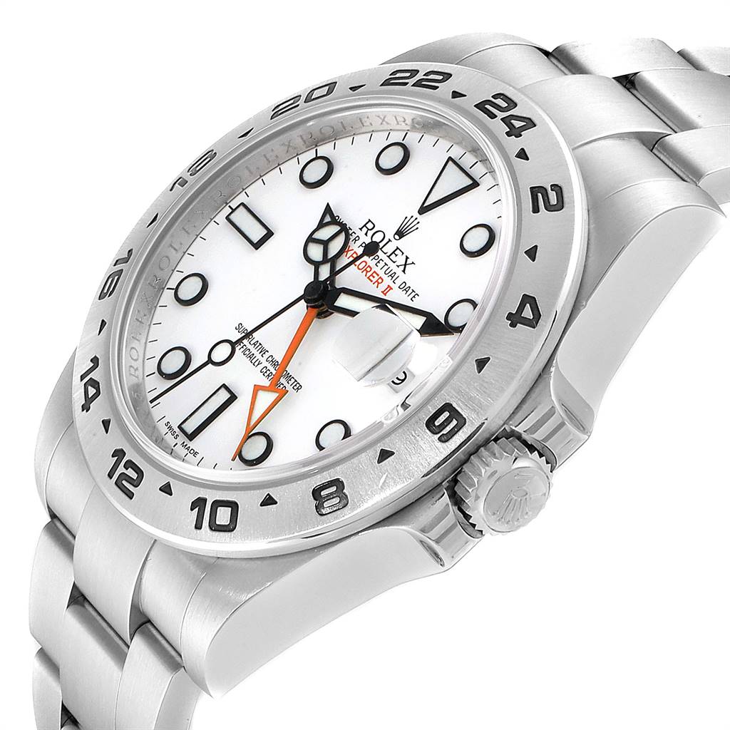 This image shows the Rolex Explorer 216570 Men's Stainless Steel White Dial 216570 Men's Stainless Steel White Dial watch from a three-quarter angle, highlighting its dial, bezel, and bracelet.