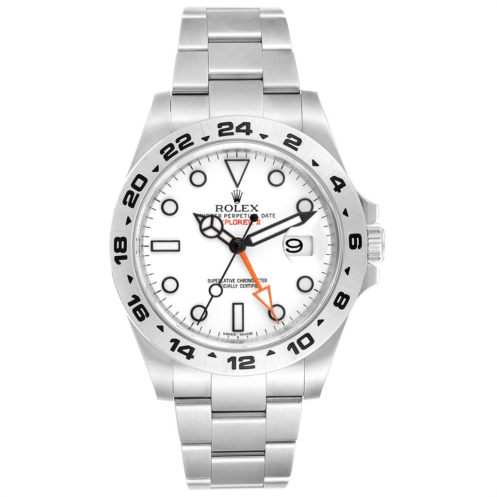 The image shows a front view of the Rolex Explorer 216570 Men's Stainless Steel White Dial 216570 Men's Stainless Steel White Dial watch, displaying its white dial, bezel, and stainless steel bracelet.