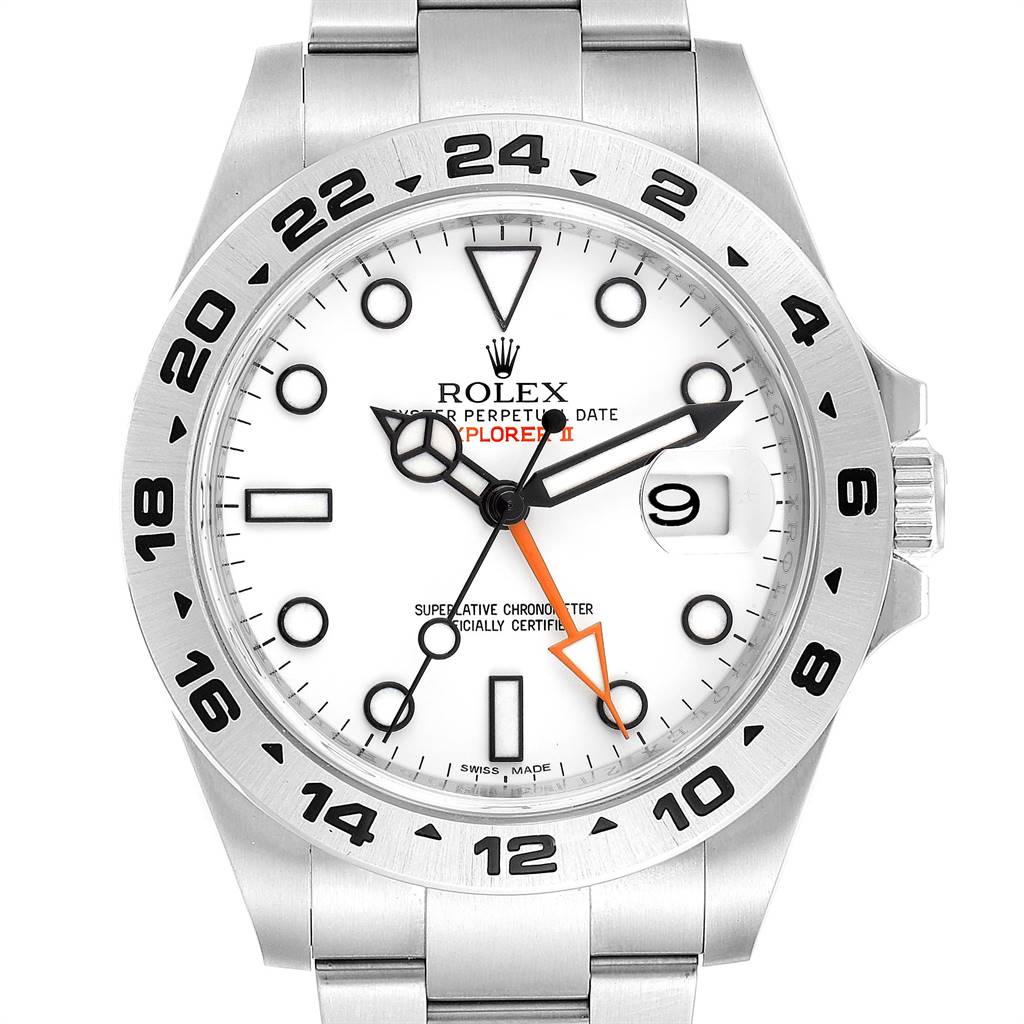 The image shows a front view of a Rolex Explorer 216570 Men's Stainless Steel White Dial 216570 Men's Stainless Steel White Dial watch, highlighting its dial, bezel, hands, bracelet, and crown.