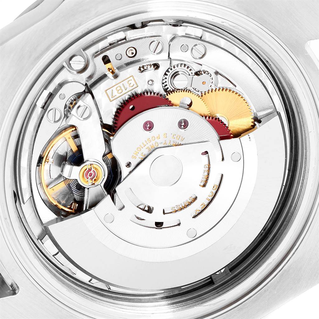 This image shows the intricate internal mechanism, or movement, of a Rolex Explorer 216570 Men's Stainless Steel Black Dial 216570 Men's Stainless Steel Black Dial watch from an overhead angle.