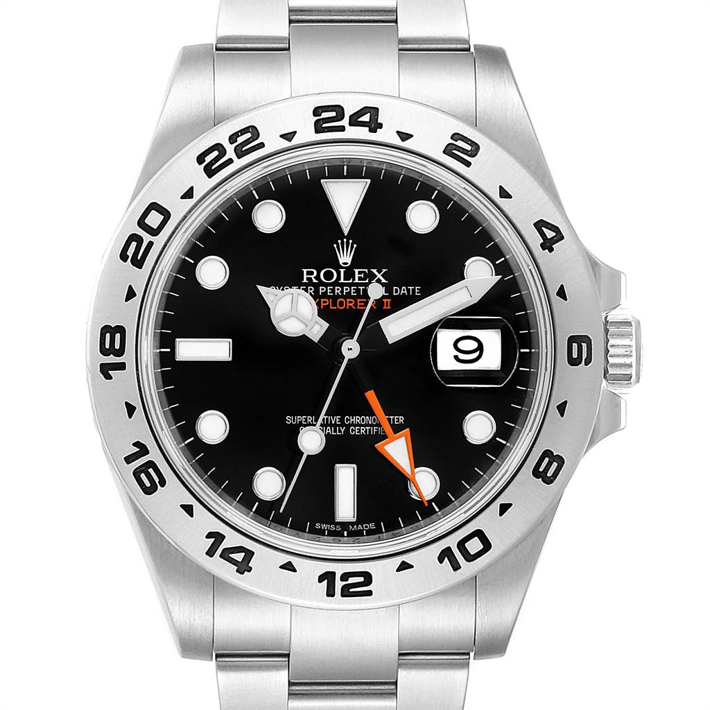 This image shows a front view of a Rolex Explorer 216570 Men's Stainless Steel Black Dial 216570 Men's Stainless Steel Black Dial watch, highlighting its dial, hands, bezel, and stainless steel bracelet.