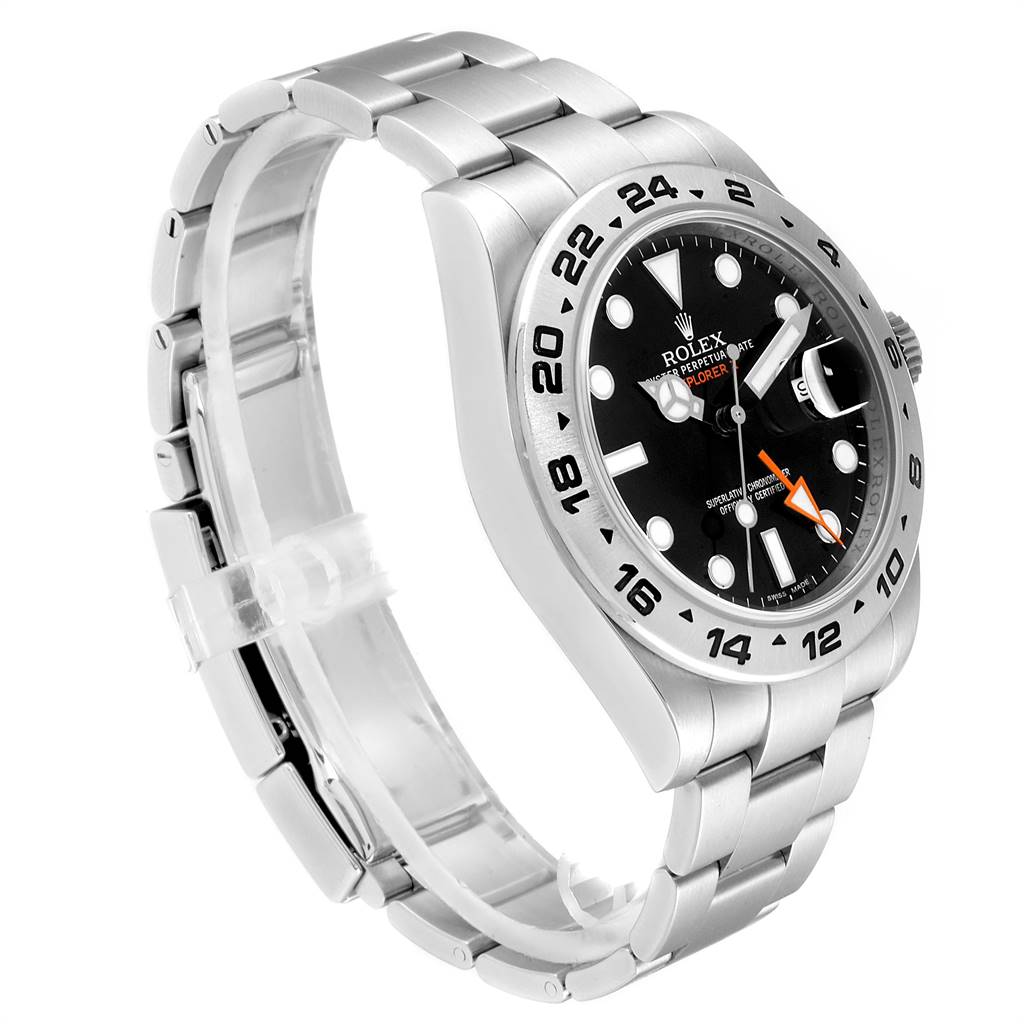 The image shows a side angle of the Rolex Explorer 216570 Men's Stainless Steel Black Dial 216570 Men's Stainless Steel Black Dial watch, highlighting its bezel, face, and bracelet.