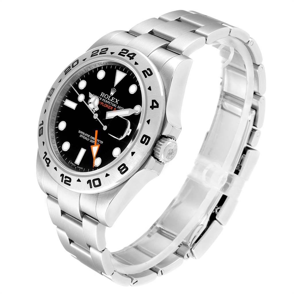 This image shows a side angle of the Rolex Explorer 216570 Men's Stainless Steel Black Dial 216570 Men's Stainless Steel Black Dial watch, highlighting the face, bezel, crown, and bracelet.