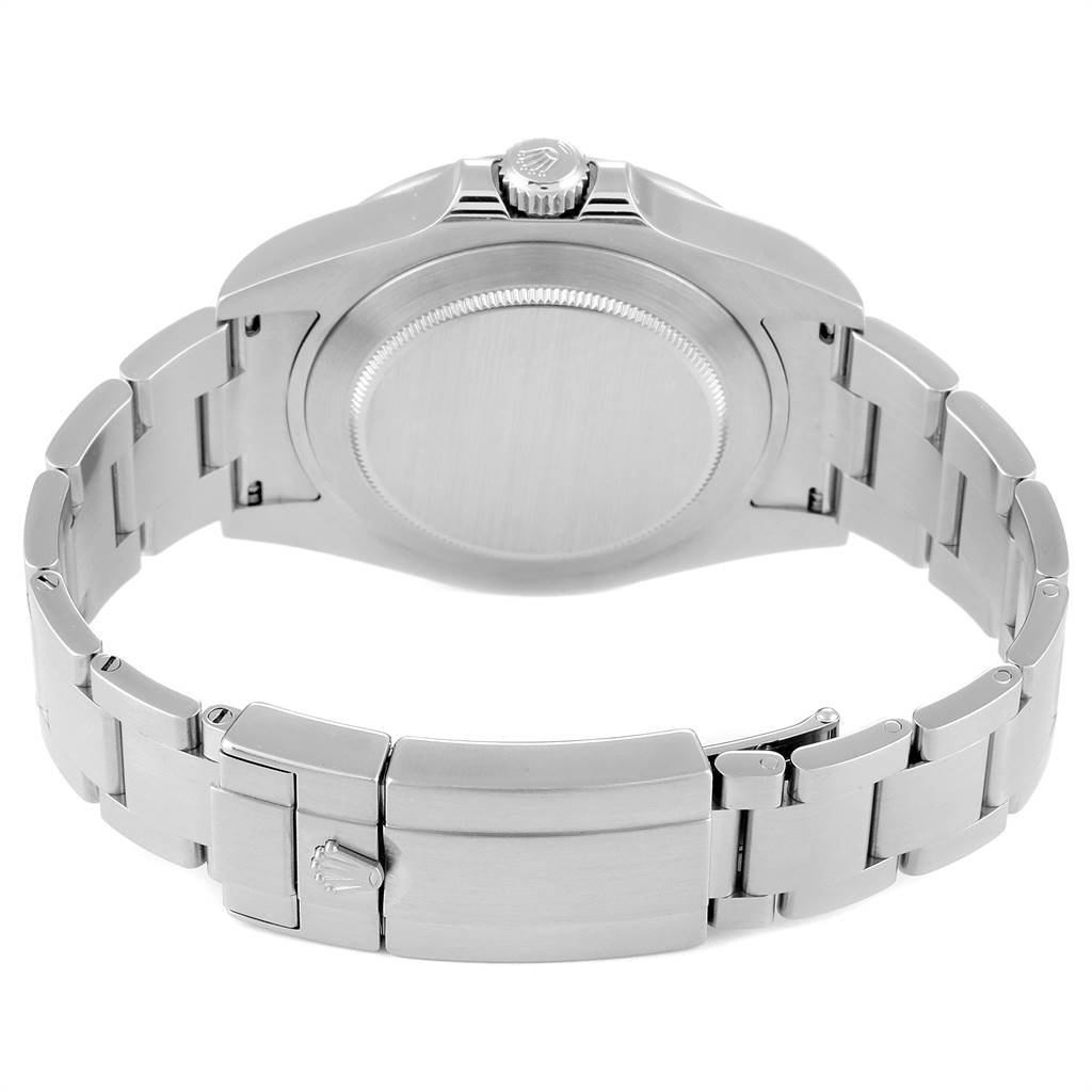 This image shows the back view of a Rolex Explorer 216570 Men's Stainless Steel Black Dial 216570 Men's Stainless Steel Black Dial watch, highlighting the caseback and metal bracelet with clasp.