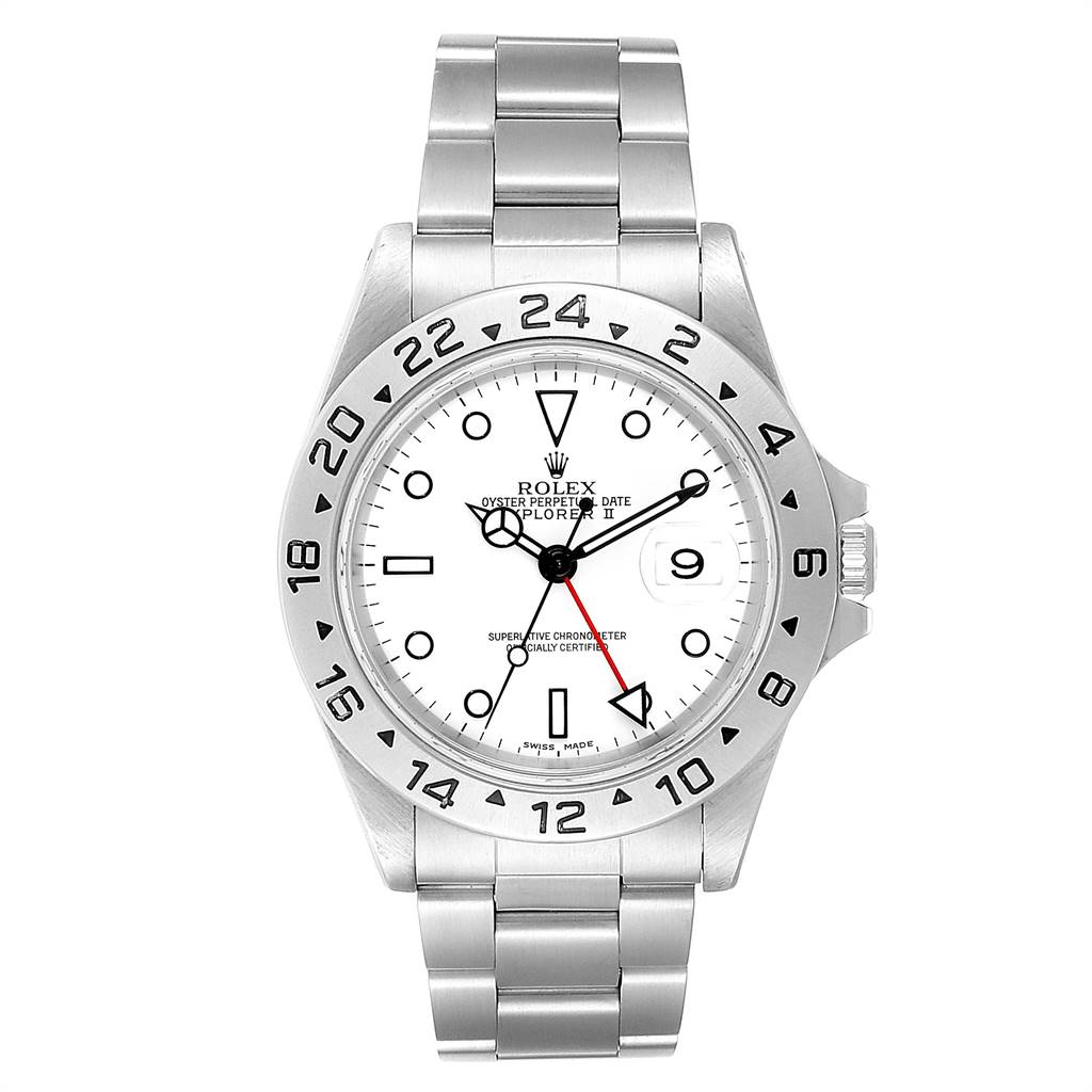 The image shows a front view of the Rolex Explorer 16570 Men's Stainless Steel White Dial 16570 Men's Stainless Steel White Dial watch, displaying its face, bezel, dial, hands, and stainless steel bracelet.