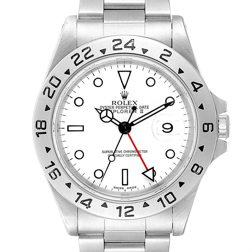 The image shows a front view of a Rolex Explorer 16570 Men's Stainless Steel White Dial 16570 Men's Stainless Steel White Dial watch, featuring a white dial and a stainless steel bracelet.