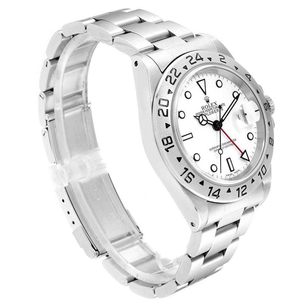 The Rolex Explorer 16570 Men's Stainless Steel White Dial 16570 Men's Stainless Steel White Dial watch is shown at a slight angle, displaying the dial, bezel, bracelet, and part of the clasp.