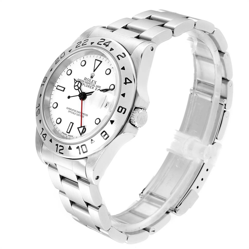 This Rolex Explorer 16570 Men's Stainless Steel White Dial 16570 Men's Stainless Steel White Dial watch is shown at a three-quarter angle, displaying the face, bezel, crown, and bracelet.