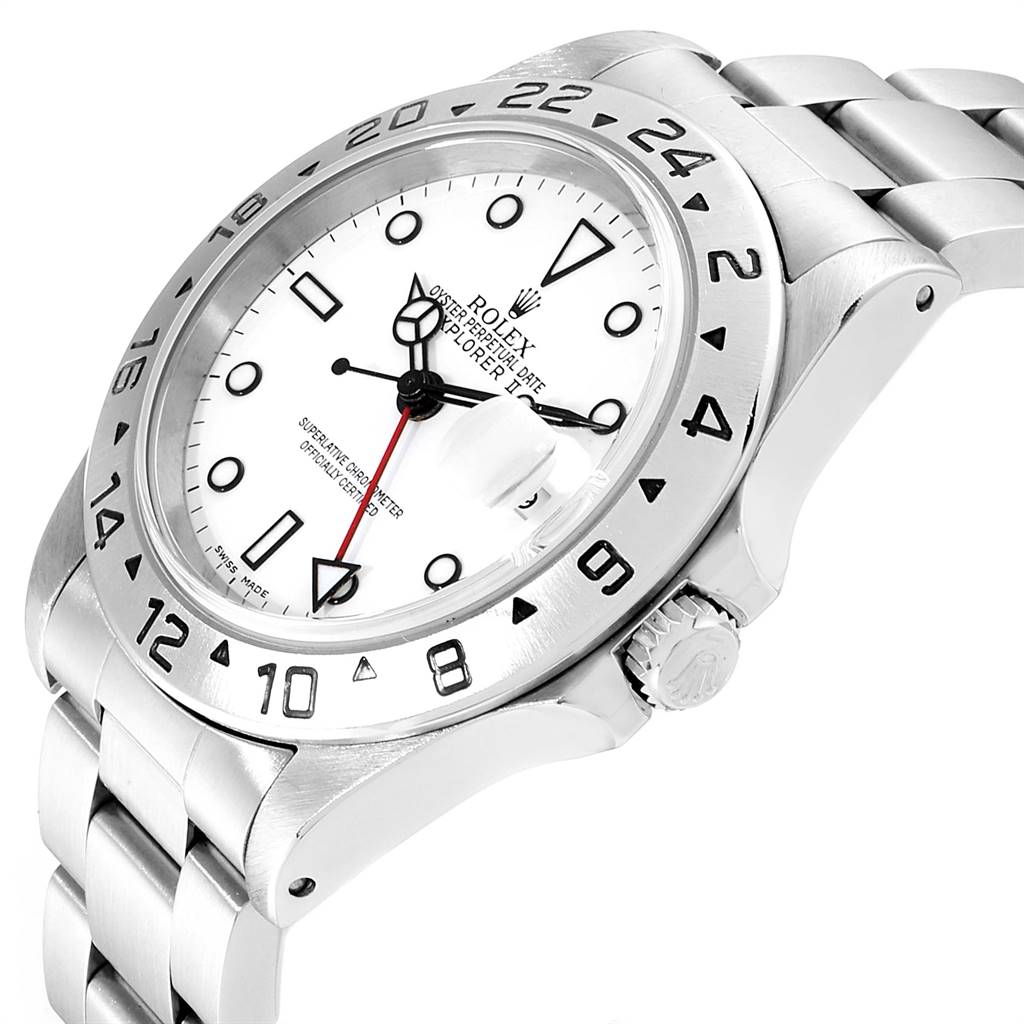 The Rolex Explorer 16570 Men's Stainless Steel White Dial 16570 Men's Stainless Steel White Dial watch is shown at an angled close-up, displaying the dial, bezel, crown, and part of the bracelet.