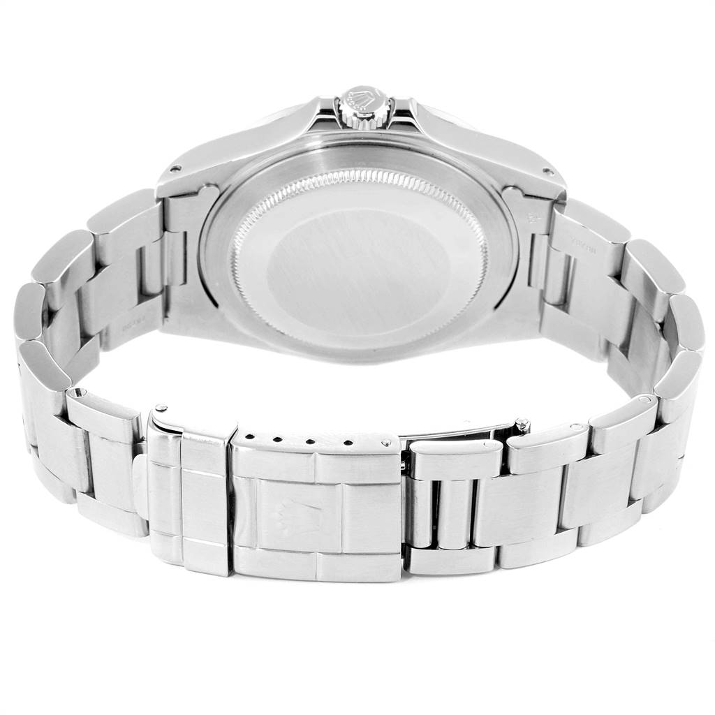 The image shows the back case and metal bracelet of a Rolex Explorer 16570 Men's Stainless Steel White Dial 16570 Men's Stainless Steel White Dial watch, viewed from the rear.